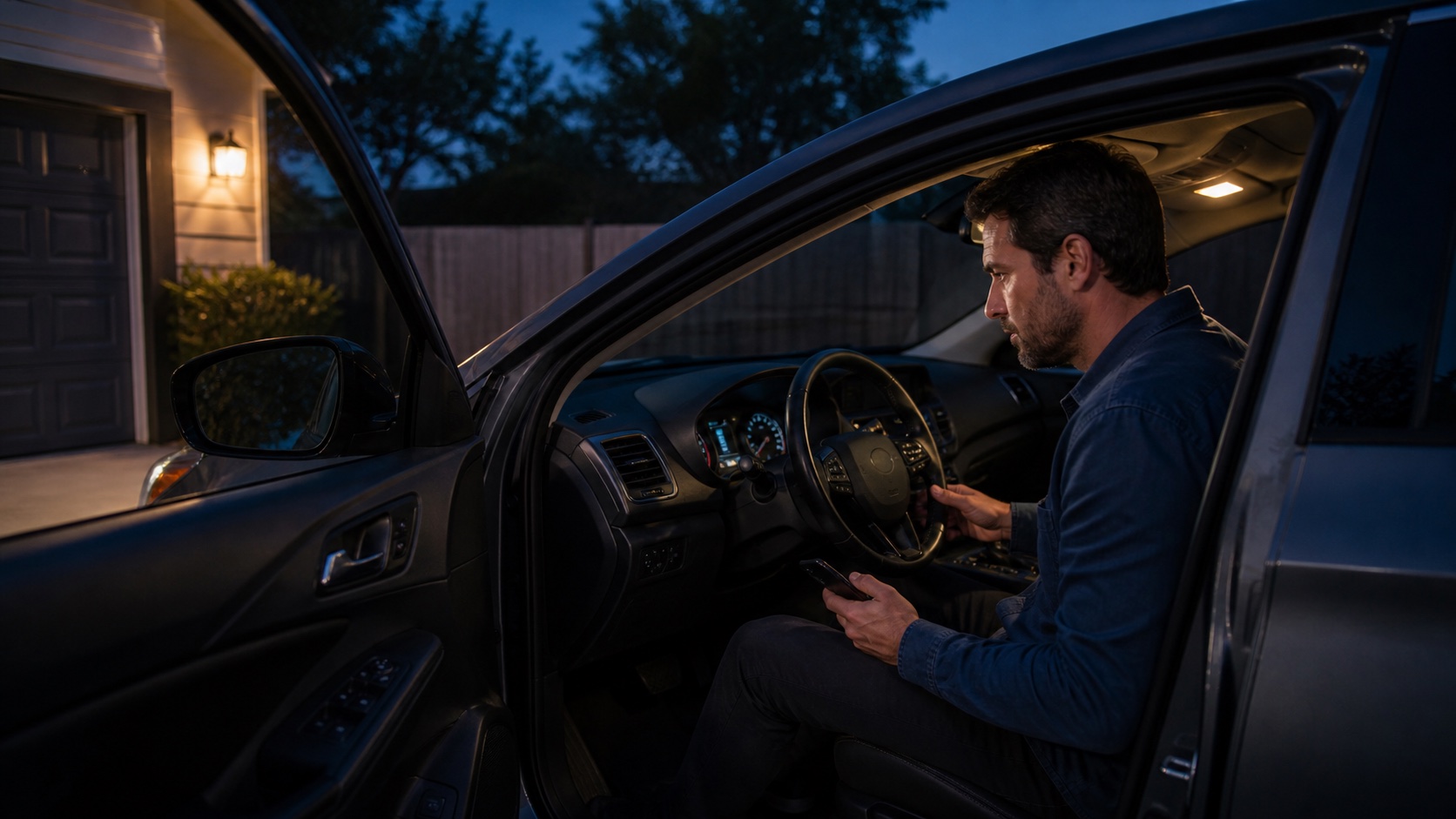 A vehicle owner in a safely parked car looking at the illuminated dashboard before checking the owner's manual