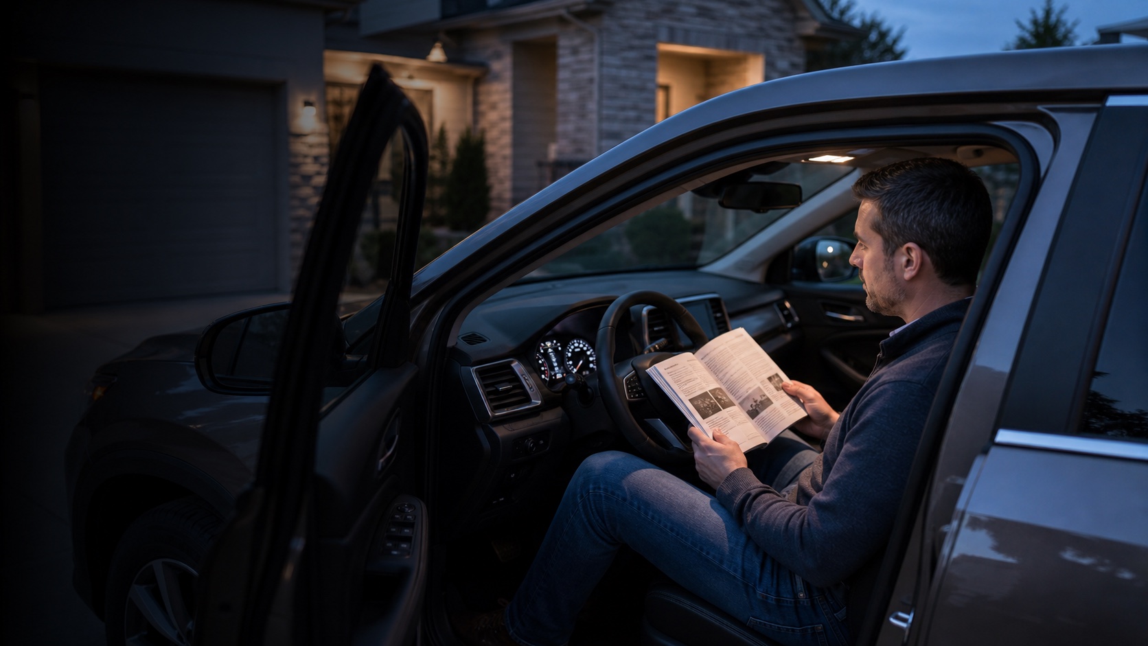 A vehicle owner in a safely parked car reading the owner's manual after noticing a dashboard warning