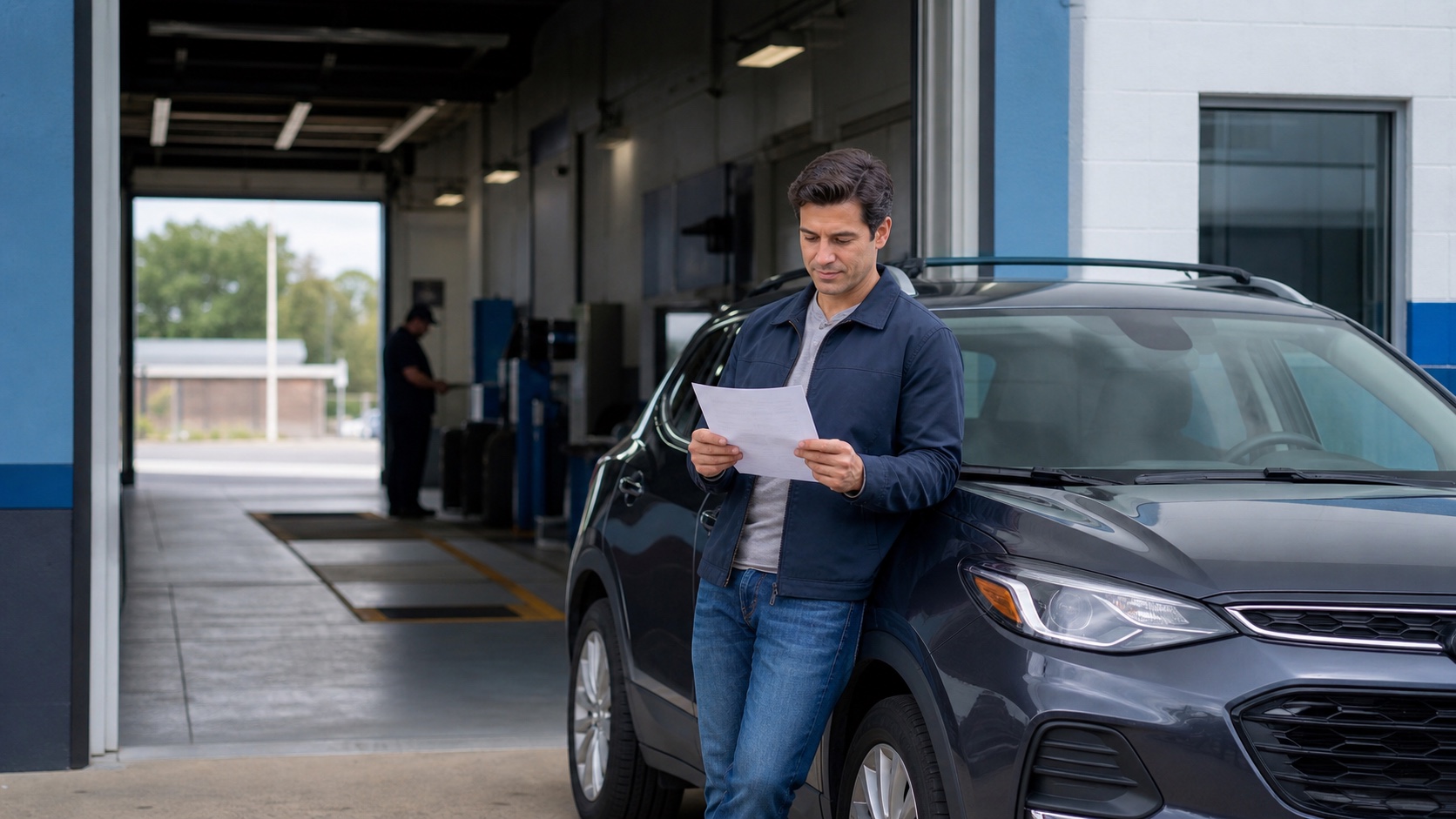 A vehicle owner reviewing an inspection paper beside a safely parked crossover at an emissions facility
