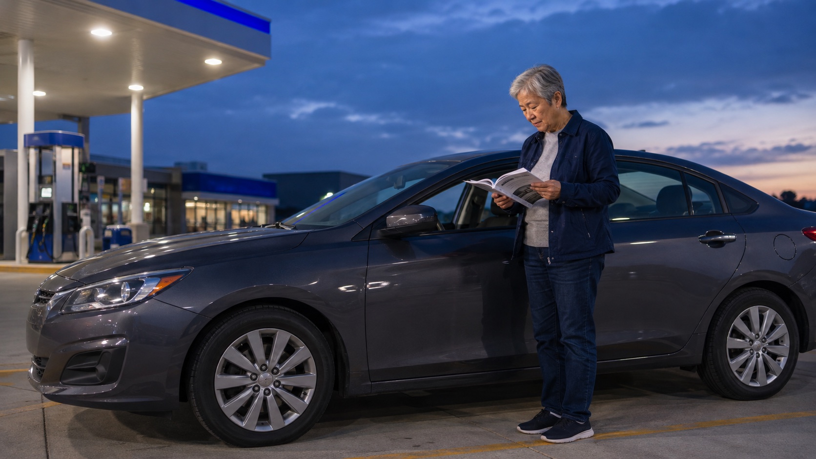 An older vehicle owner reading the owner's manual beside a safely parked sedan at a well-lit gas station