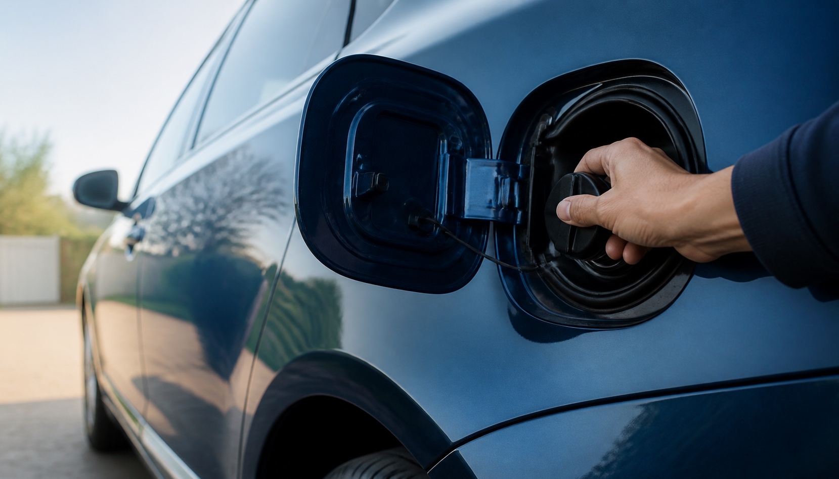 A vehicle owner securely tightening the fuel cap on a dark blue car