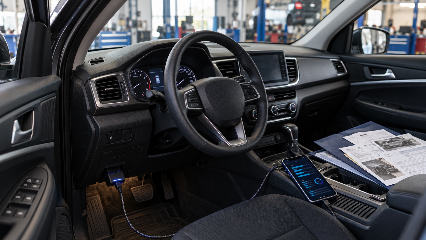 A parked used car with a diagnostic phone, connected OBD2 adapter, dashboard, and maintenance records prepared for comparison