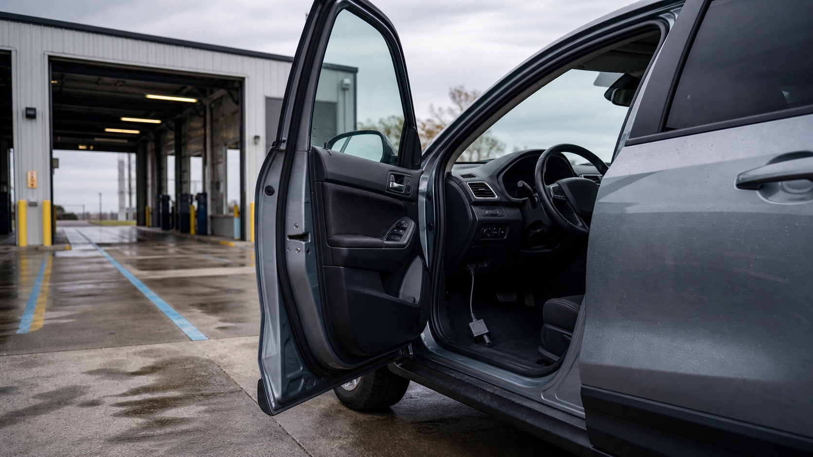 An unbranded crossover parked safely beside an open emissions inspection lane with a diagnostic cable near the driver footwell