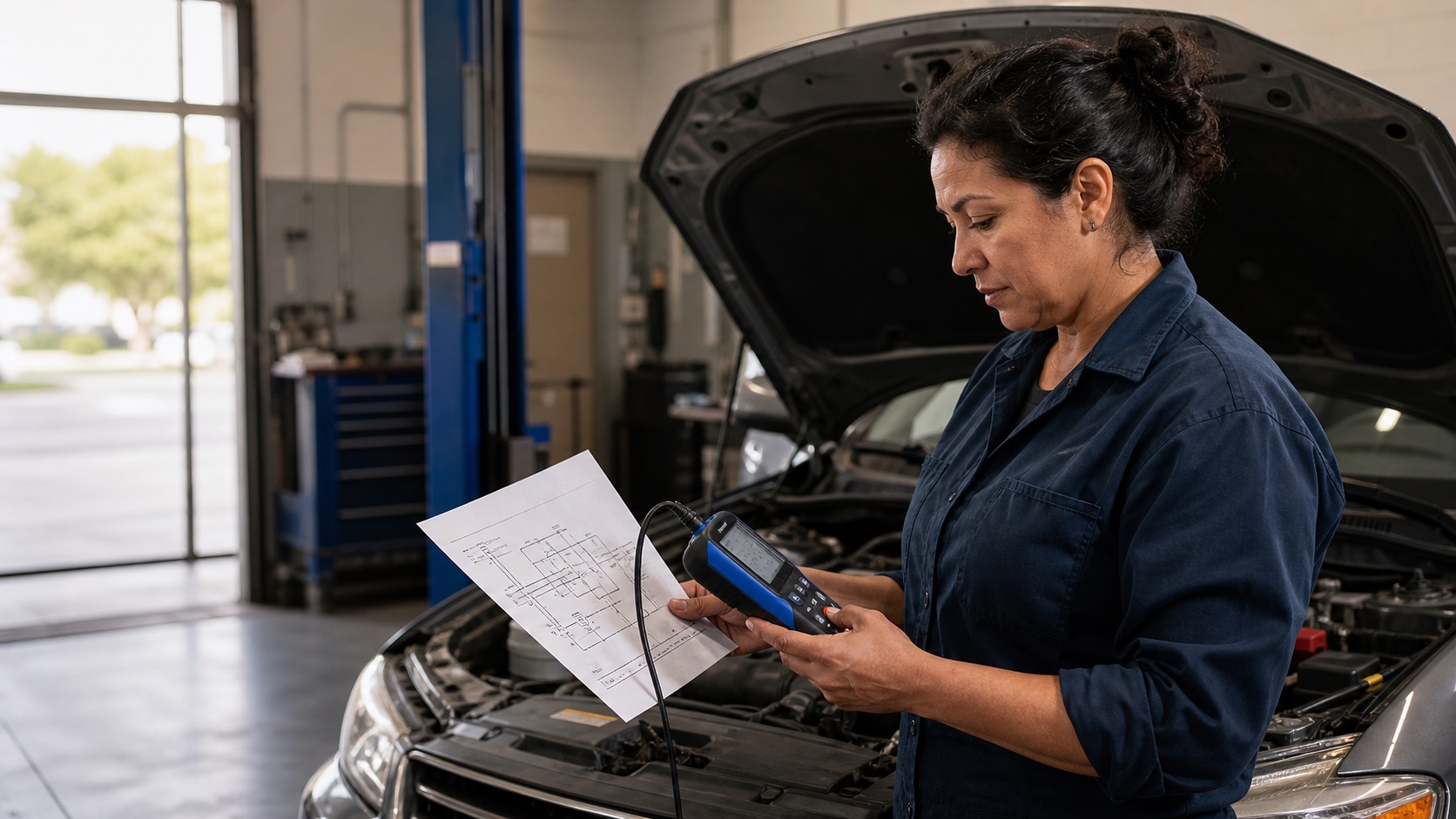 A technician comparing diagnostic evidence beside a safely parked car in an independent repair bay