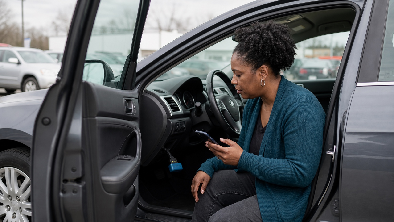 A used-car buyer reviewing a phone beside an open driver door with an OBD adapter connected below the dashboard