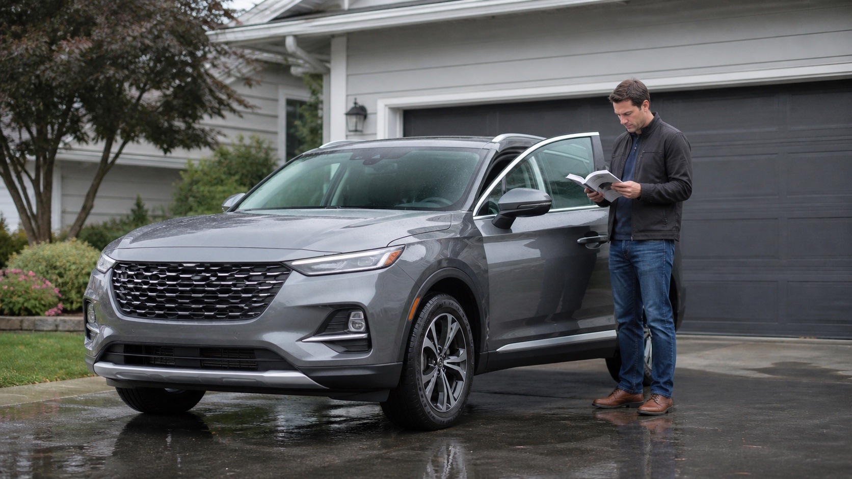A vehicle owner beside a safely parked crossover reading the owner's manual after rain